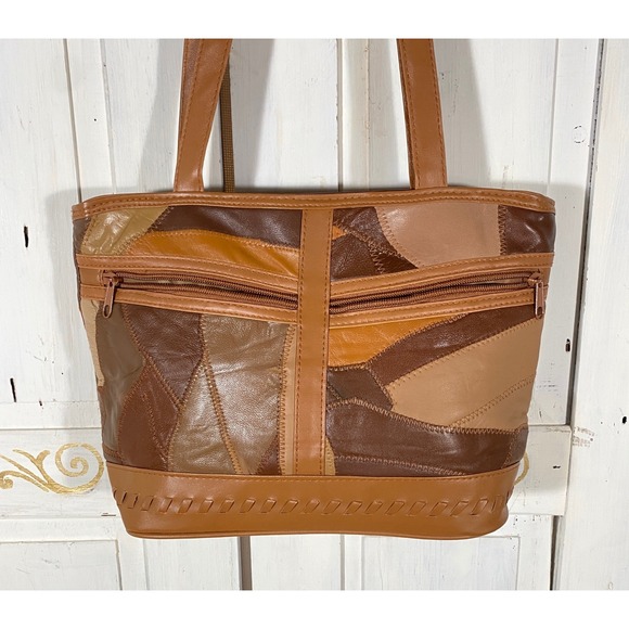 The Unbranded Brand Handbags - Vintage Patchwork Leather Tote Bag Brown Tan Boho Shoulder Bag Excellent Cond
